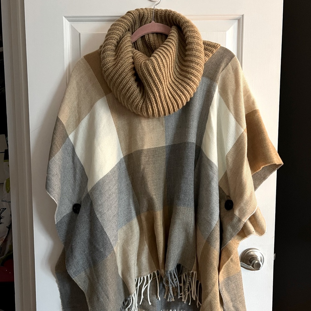 Tan & gray cowl neck poncho